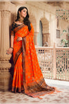 Orange And Black Banarasi Silk Saree With Zari Weaving Work