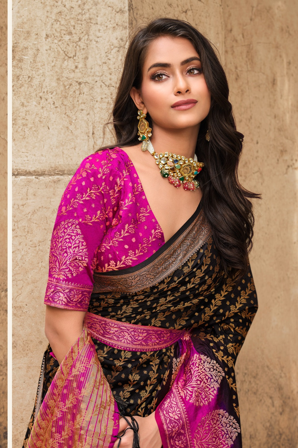 Black And Pink Banarasi Silk Saree With Zari Weaving Work