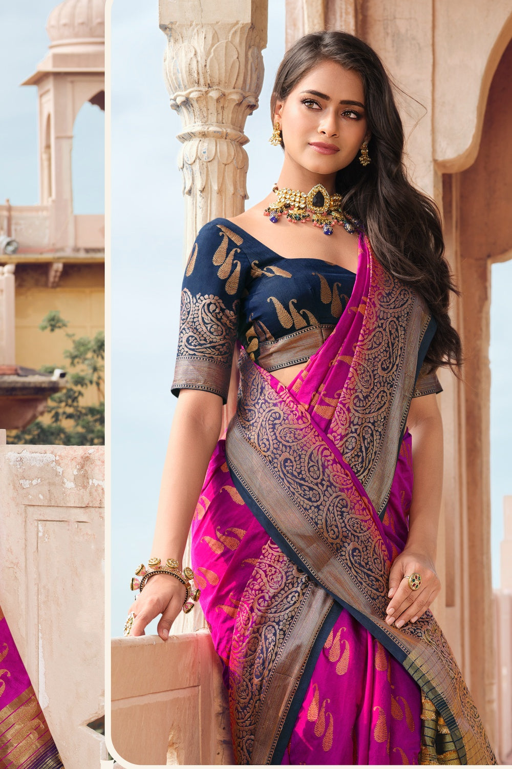 Rani Pink And Navy Blue Banarasi Silk Saree With Zari Weaving Work