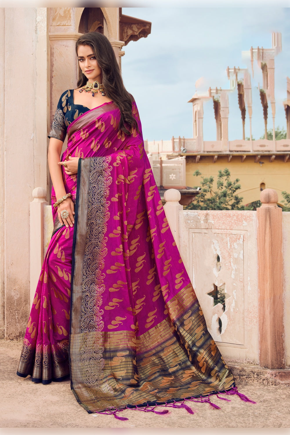 Rani Pink And Navy Blue Banarasi Silk Saree With Zari Weaving Work