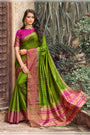 Green And Pink Banarasi Silk Saree With Zari Weaving Work