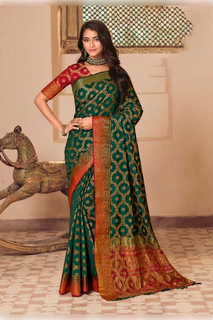 Green &amp; Red Banarasi Silk Saree With Zari Weaving Work