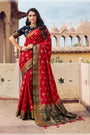 Apple Red And Blue Banarasi Silk Saree With Zari Weaving Work