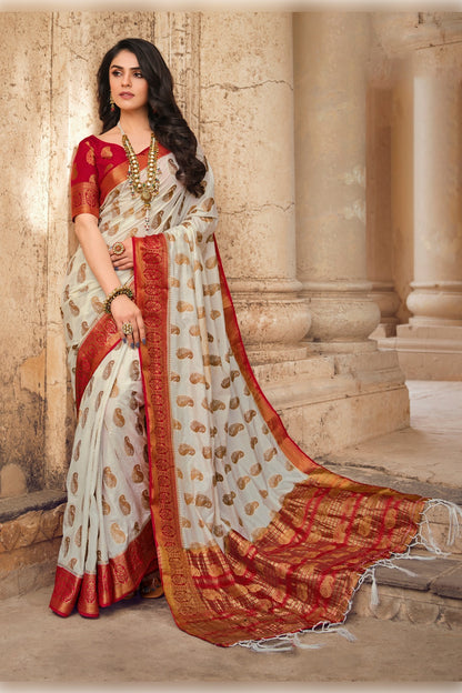 Pearl White And Red Banarasi Silk Saree With Zari Weaving Work