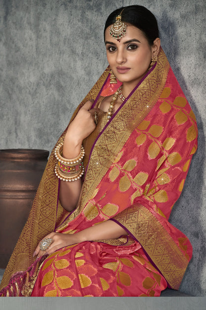 Pink Color Patola Silk Saree With Zari Weaving Work