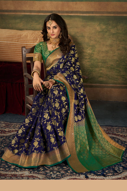 Navy Blue &amp; Green Color Silk Saree With Zari Weaving Work
