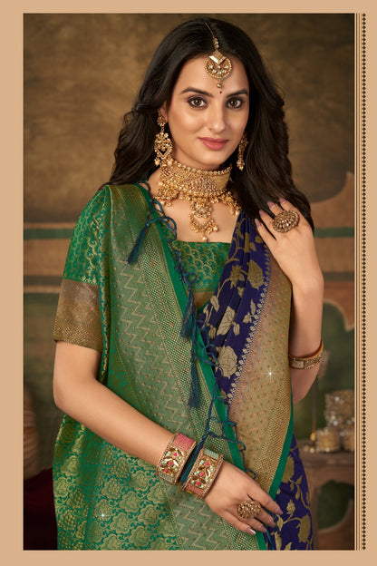 Navy Blue &amp; Green Color Silk Saree With Zari Weaving Work