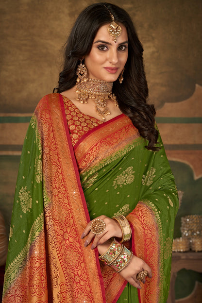 Mahedi Color Silk Saree With Zari Weaving Work