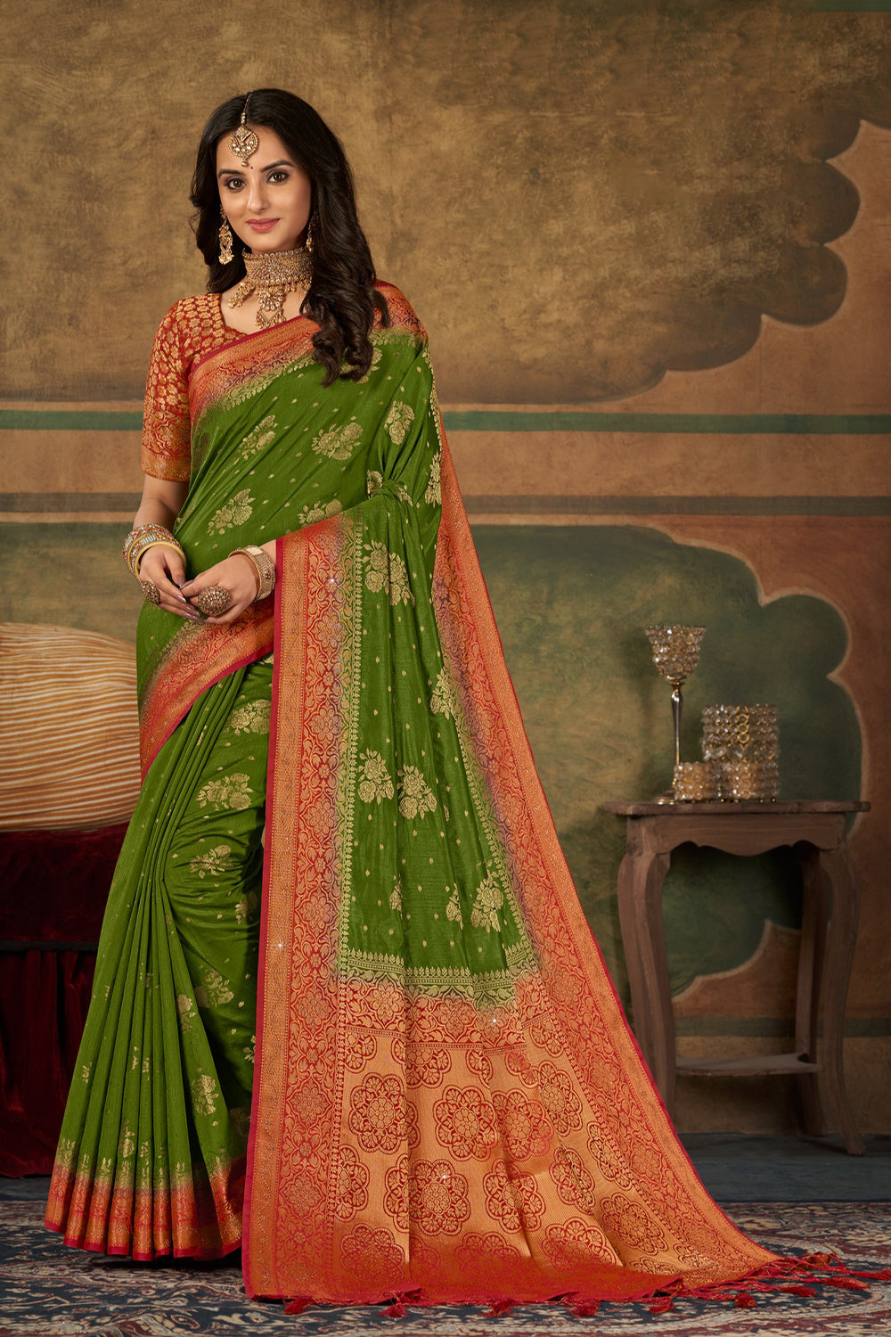 Mahedi Color Silk Saree With Zari Weaving Work