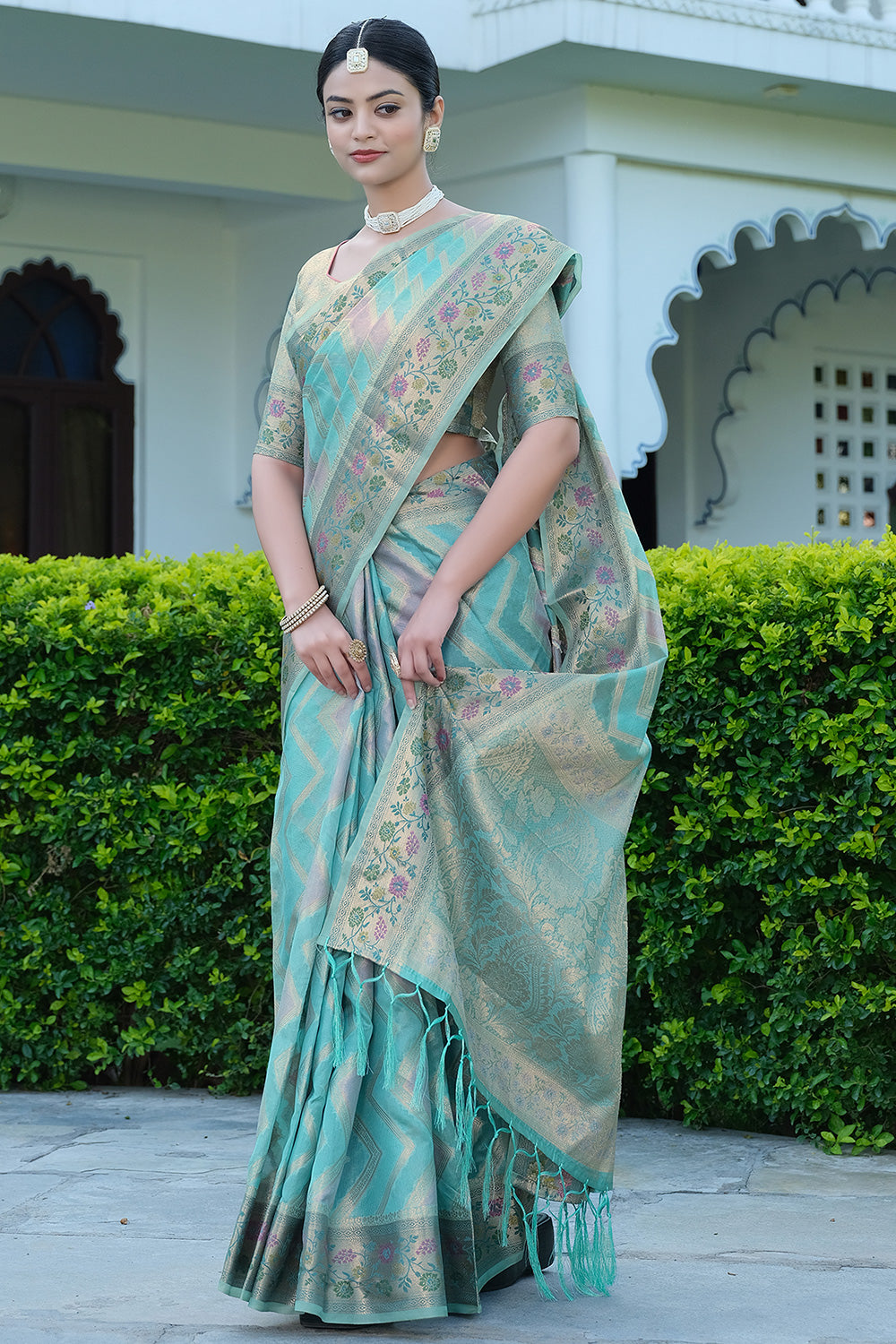 Light Blue Leheriya Design Silk Saree With Weaving Work