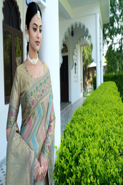 Grey Leheriya Design Silk Saree With Weaving Work