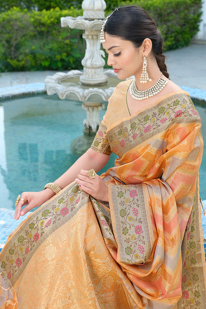 Orange Leheriya Design Silk Saree With Weaving Work