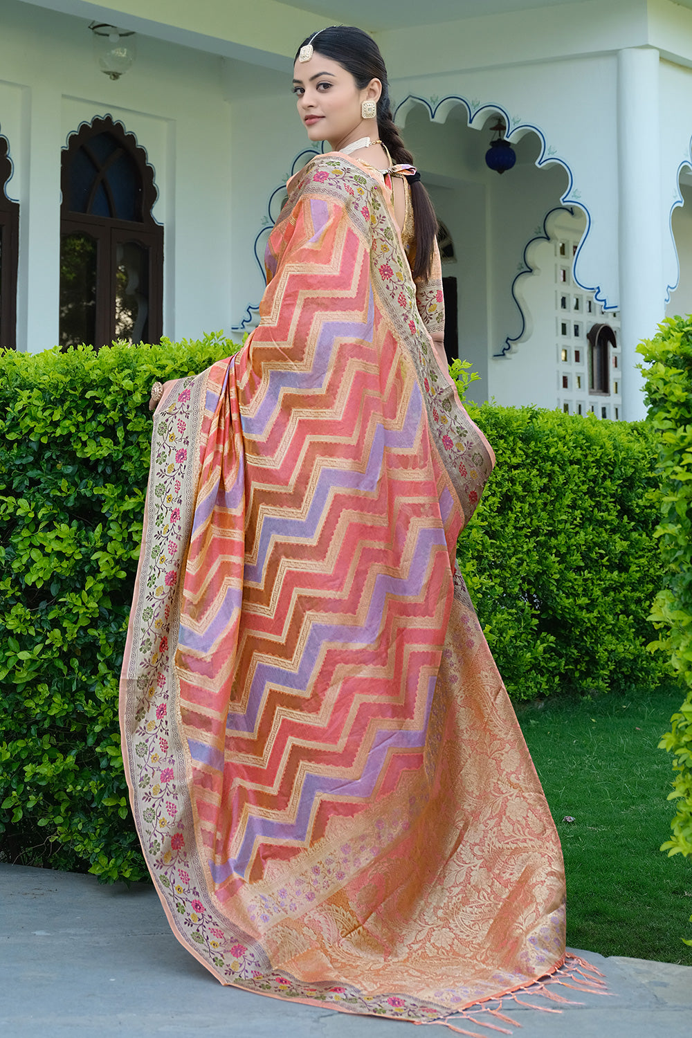 Pink Leheriya Design Silk Saree With Weaving Work