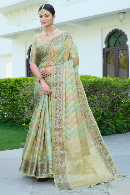Pista Green Leheriya Design Silk Saree With Weaving Work