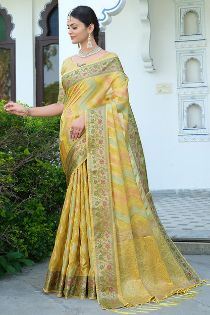 Yellow Leheriya Design Silk Saree With Weaving Work