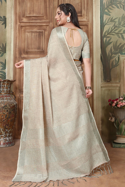 Thunder Grey Soft Linen Saree With Weaving Work