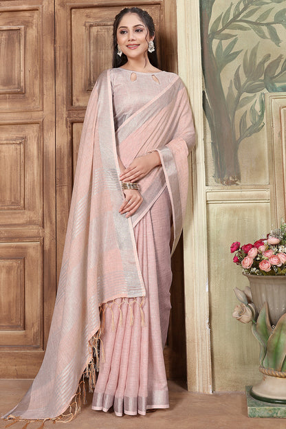 Crepe Pink Soft Linen Saree With Weaving Work