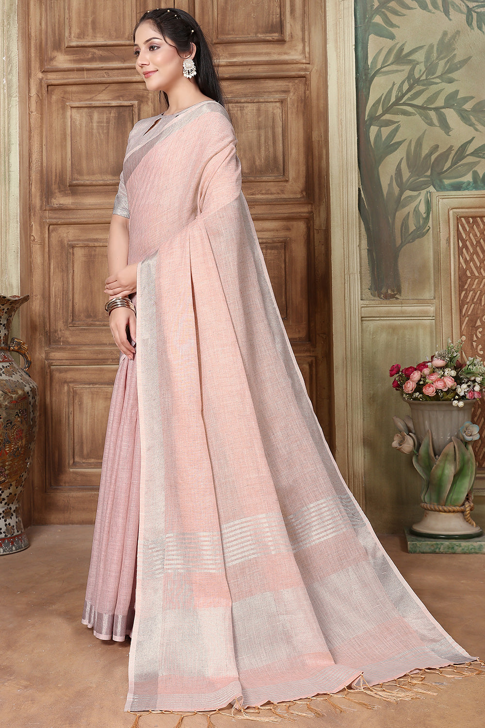 Crepe Pink Soft Linen Saree With Weaving Work
