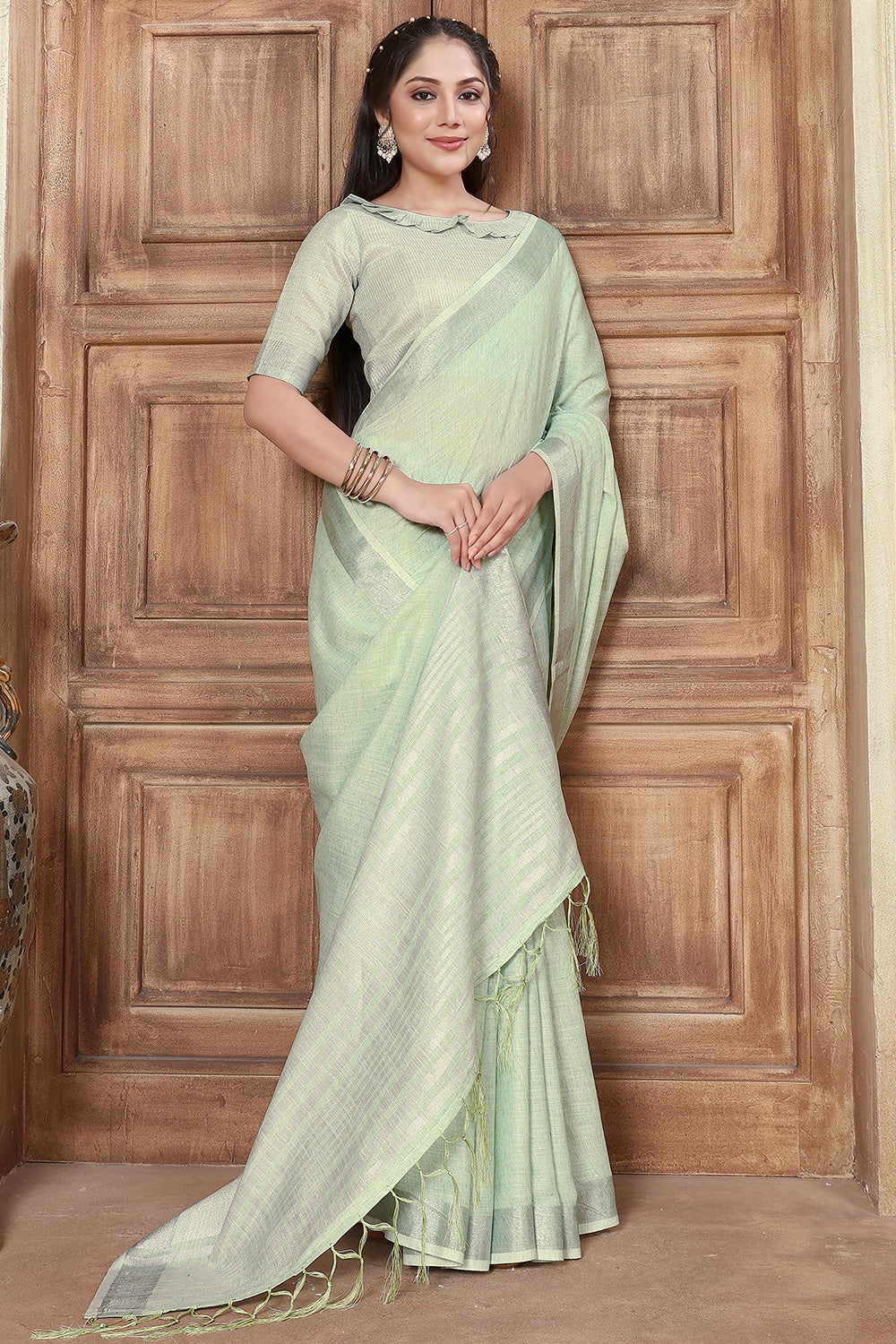 Mint Green Soft Linen Saree With Weaving Work