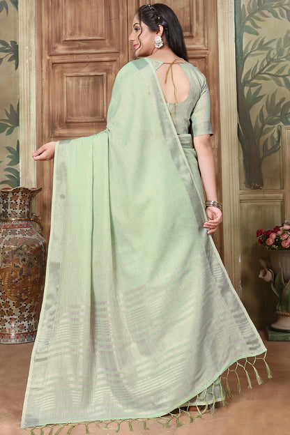Mint Green Soft Linen Saree With Weaving Work