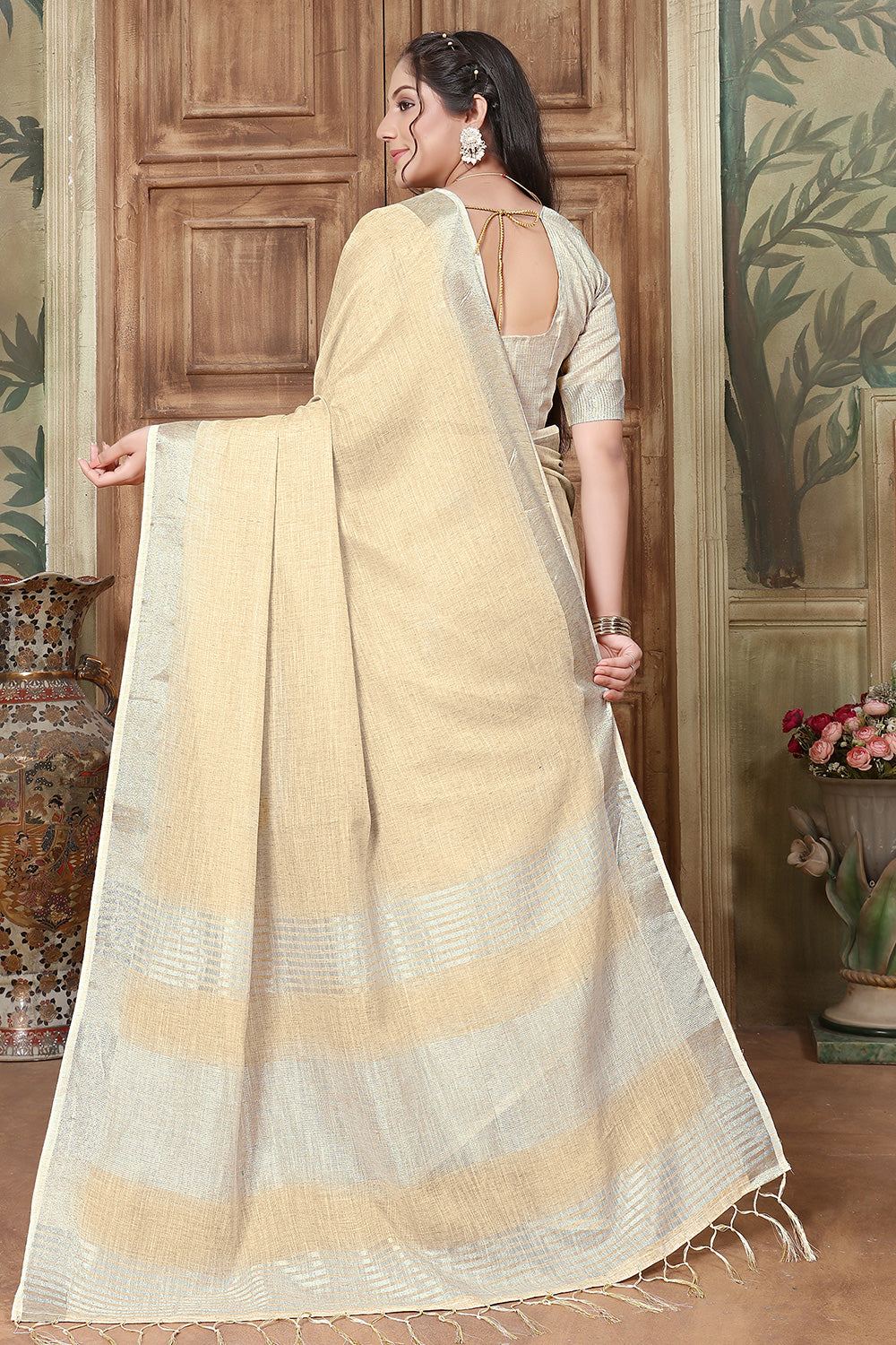 Light Yellow Soft Linen Saree With Weaving Work