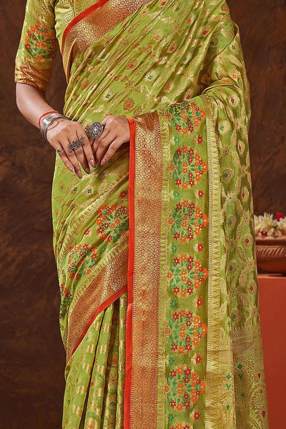 Olive Green Silk Saree With Weaving Work