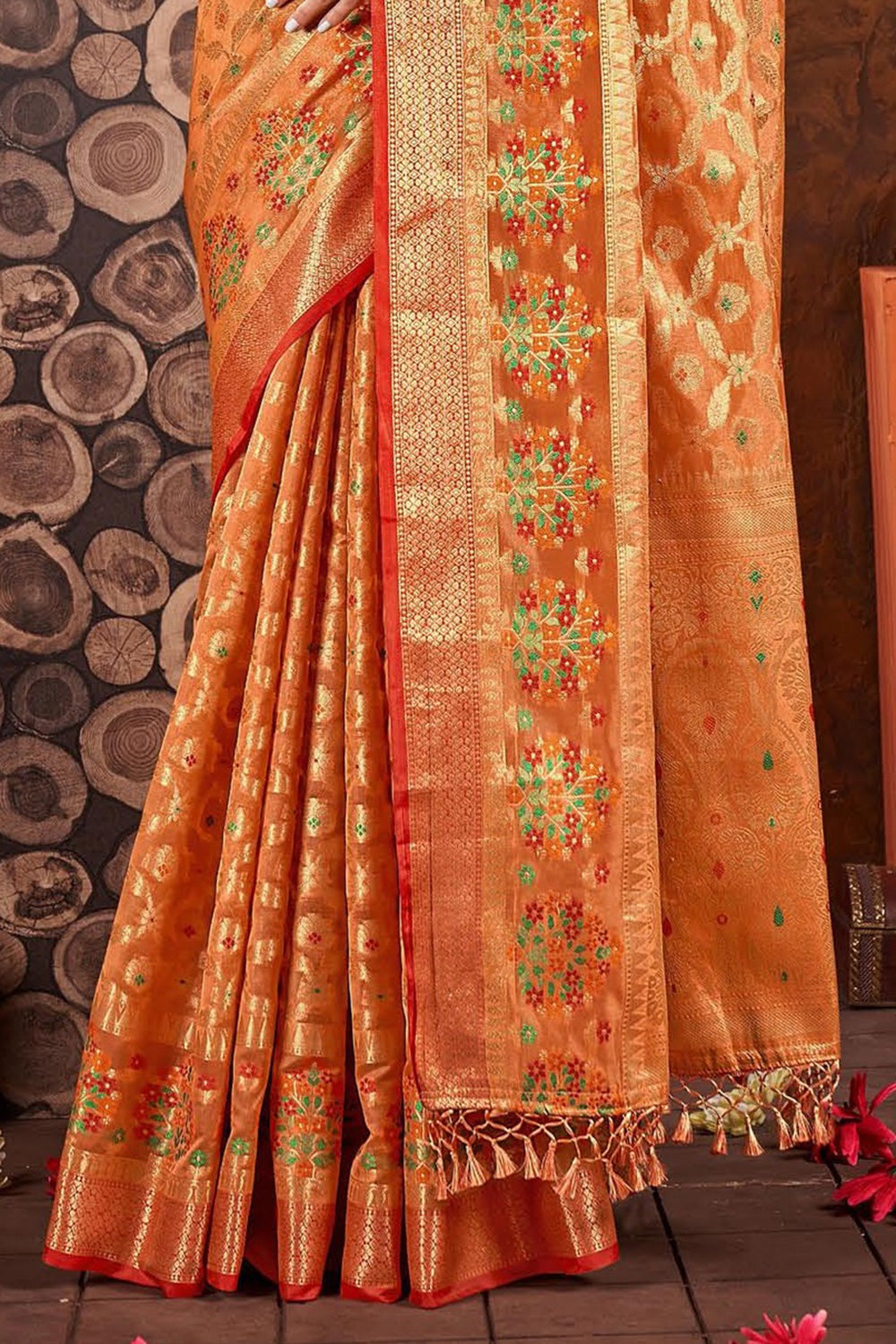 Orange Silk Saree With Weaving Work