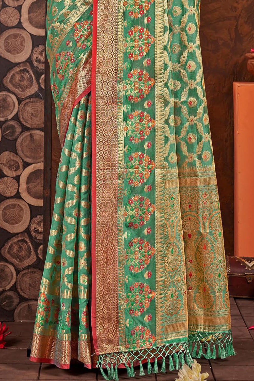 Sea Green Silk Saree With Weaving Work