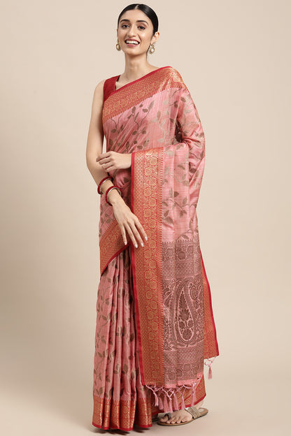Pink Cotton Saree With Weaving Work