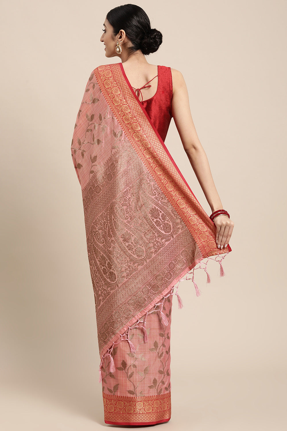 Pink Cotton Saree With Weaving Work