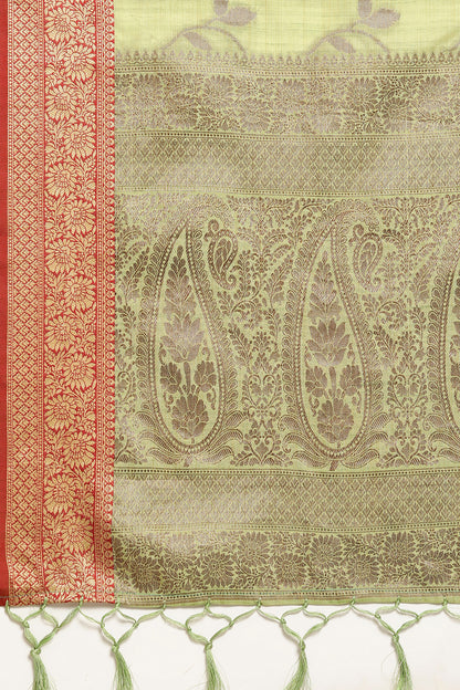 Pista Green Cotton Saree With Weaving Work