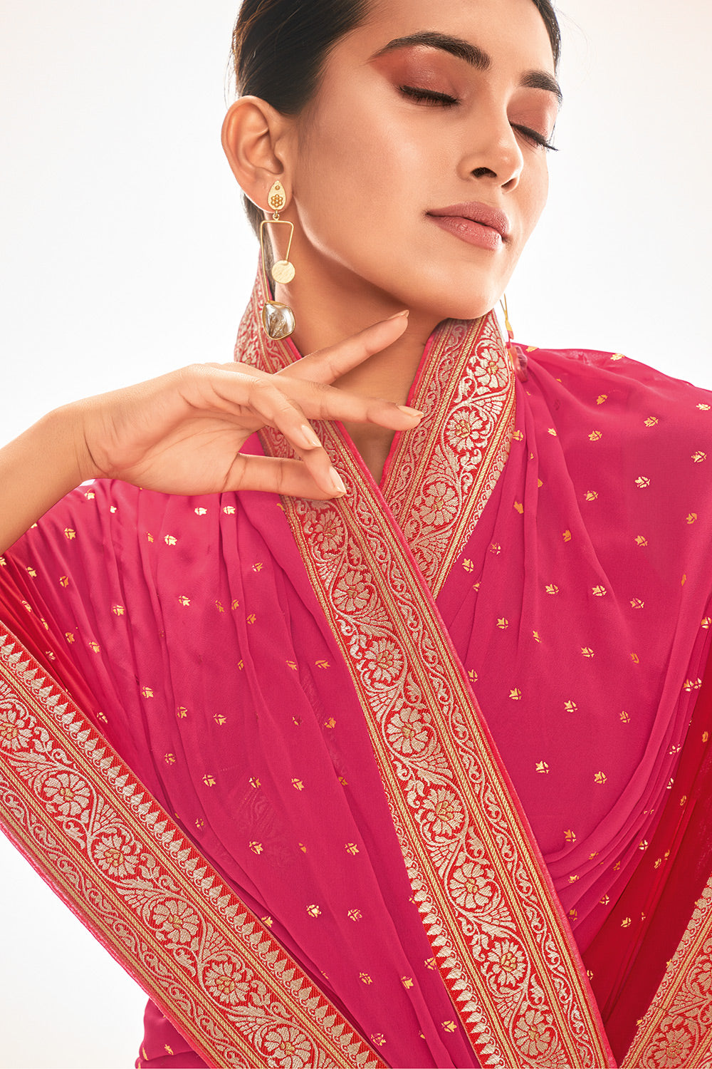 Red And Pink Colour Foil Print Georgette Saree