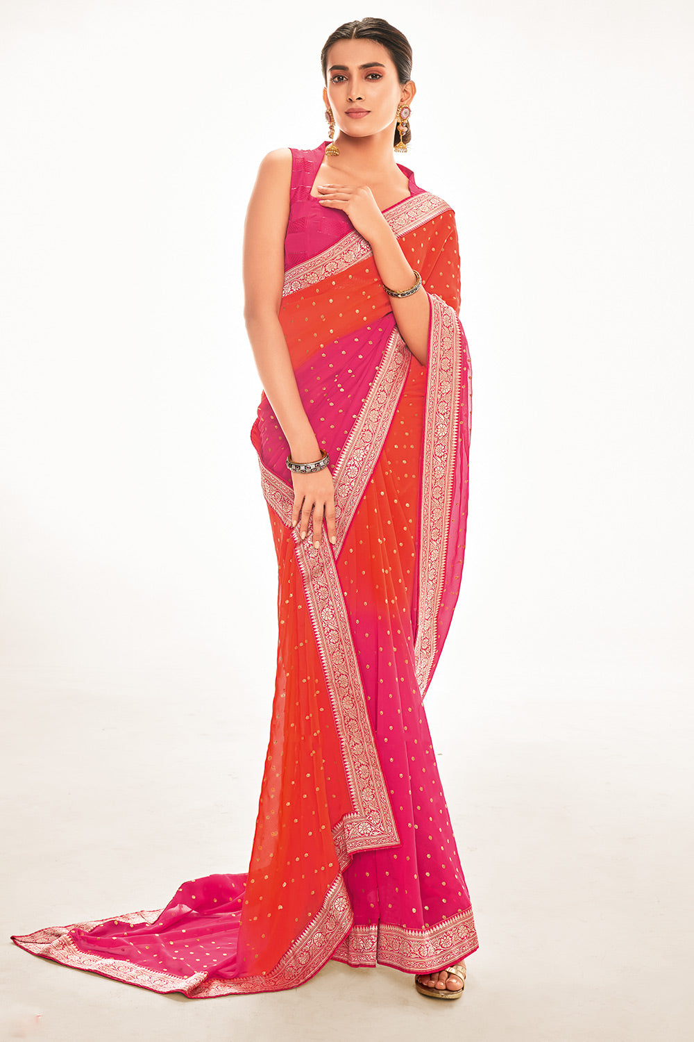 Orange And Pink Colour Foil Print Georgette Saree With Blouse