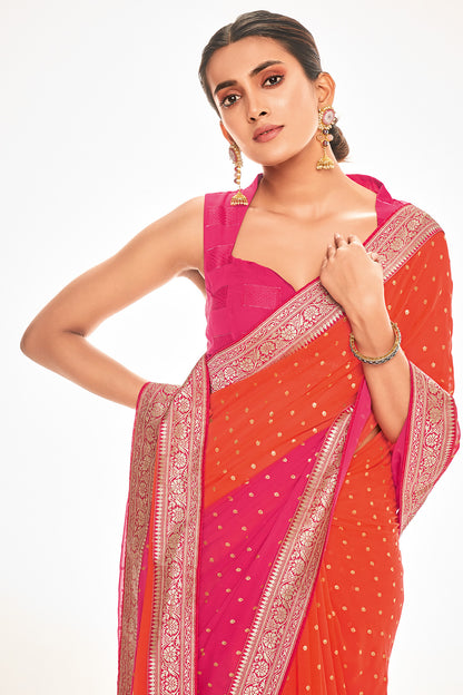 Orange And Pink Colour Foil Print Georgette Saree With Blouse