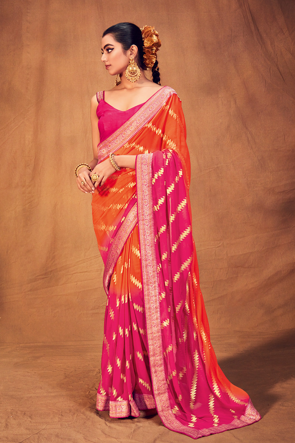 Foil Print Georgette Saree With Pink Blouse