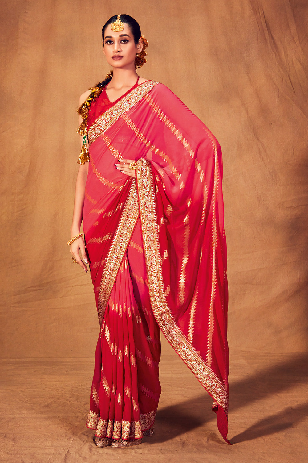 Pink And Red Colour Foil Print Georgette Saree