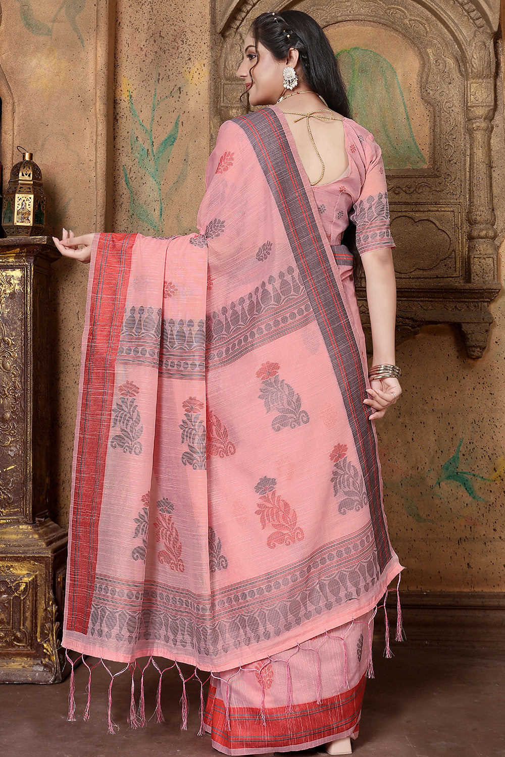 Pink Soft Linen Saree With Printed Work