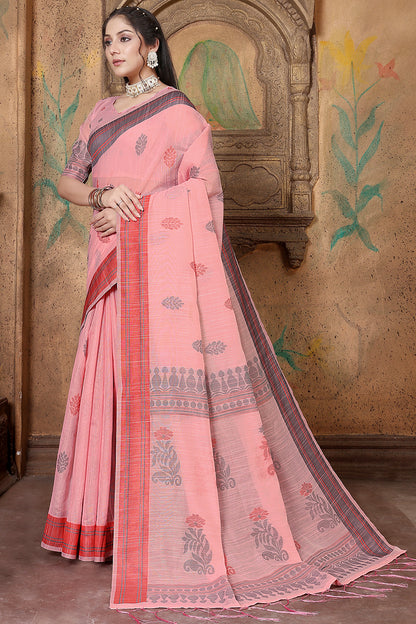 Pink Soft Linen Saree With Printed Work