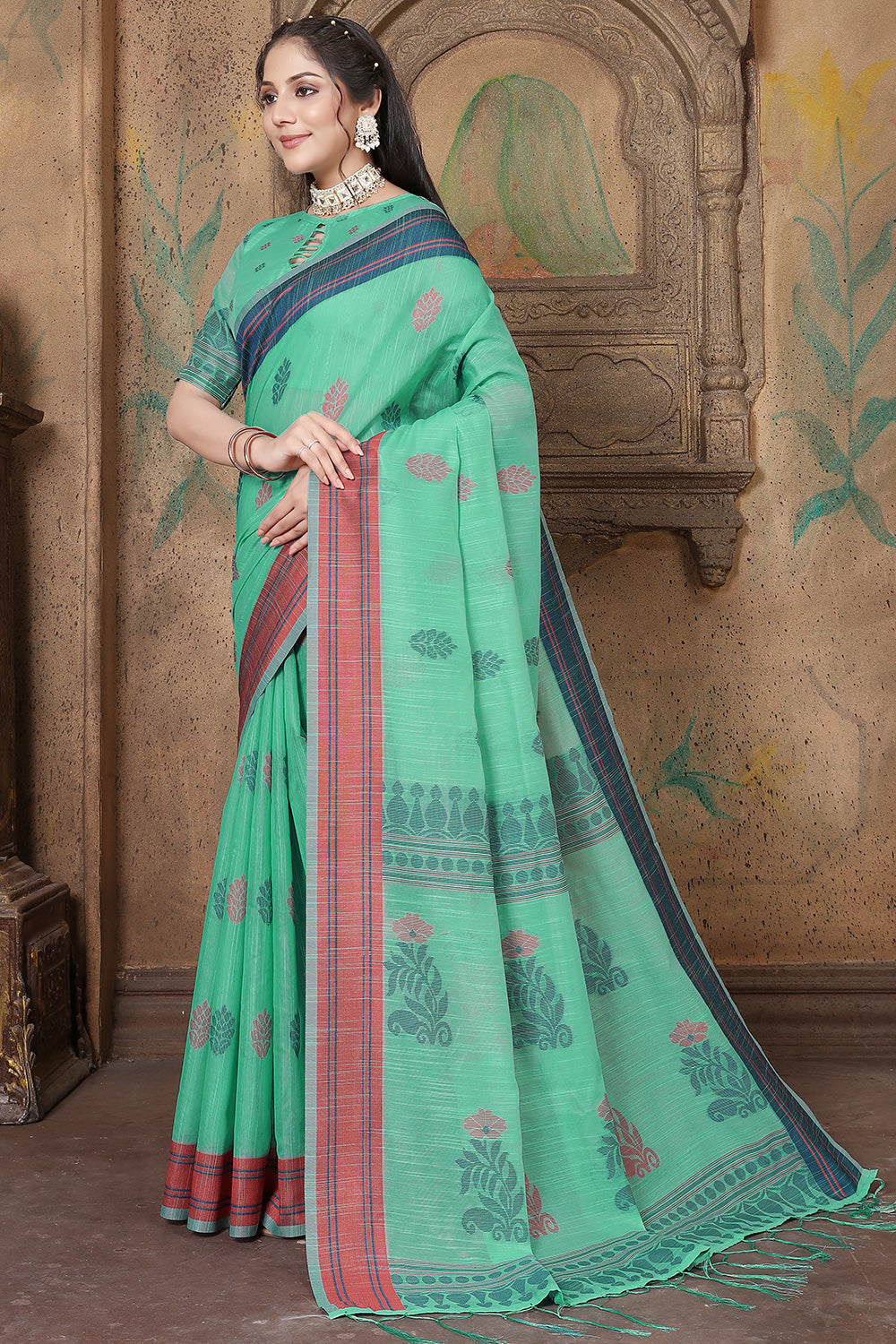 Light Turquoise Blue Soft Linen Saree With Printed Work