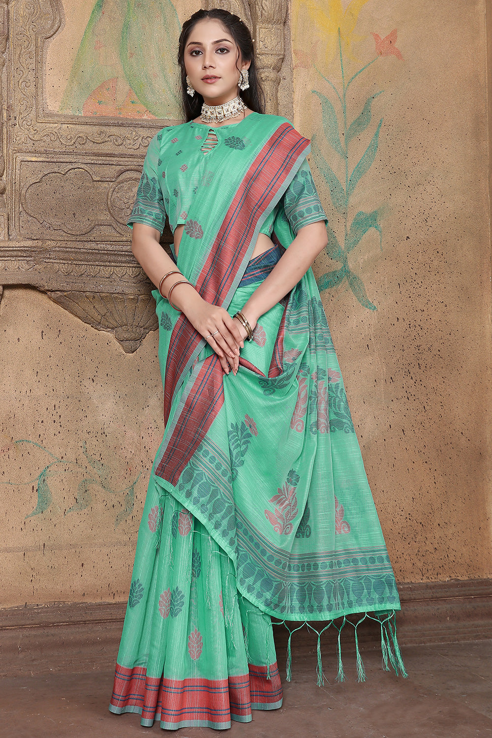 Light Turquoise Blue Soft Linen Saree With Printed Work
