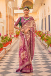 Cream & Twilight Magenta Chiffon Saree With Printed & Weaving Work