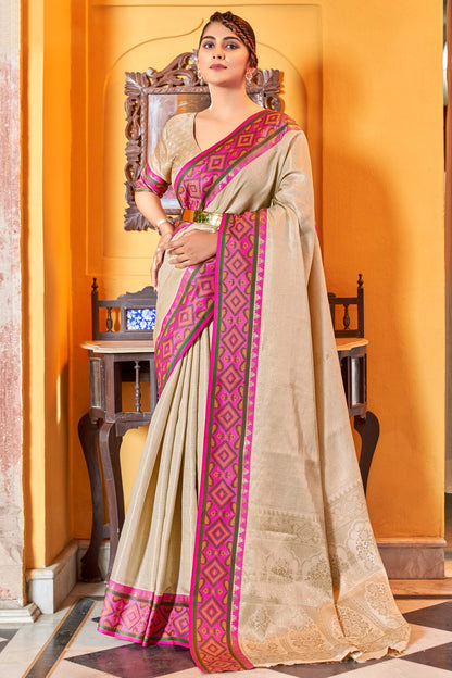 Beige Kanjivaram Silk Saree With Weaving