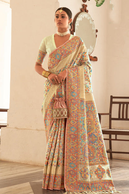 Beige Pashmina Silk Saree With Weaving