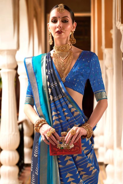 Blue Smooth Patola With Weaving &amp; Printed Saree
