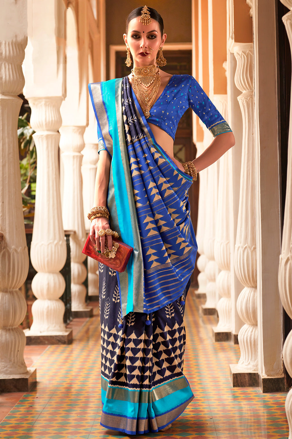 Blue Smooth Patola With Weaving &amp; Printed Saree