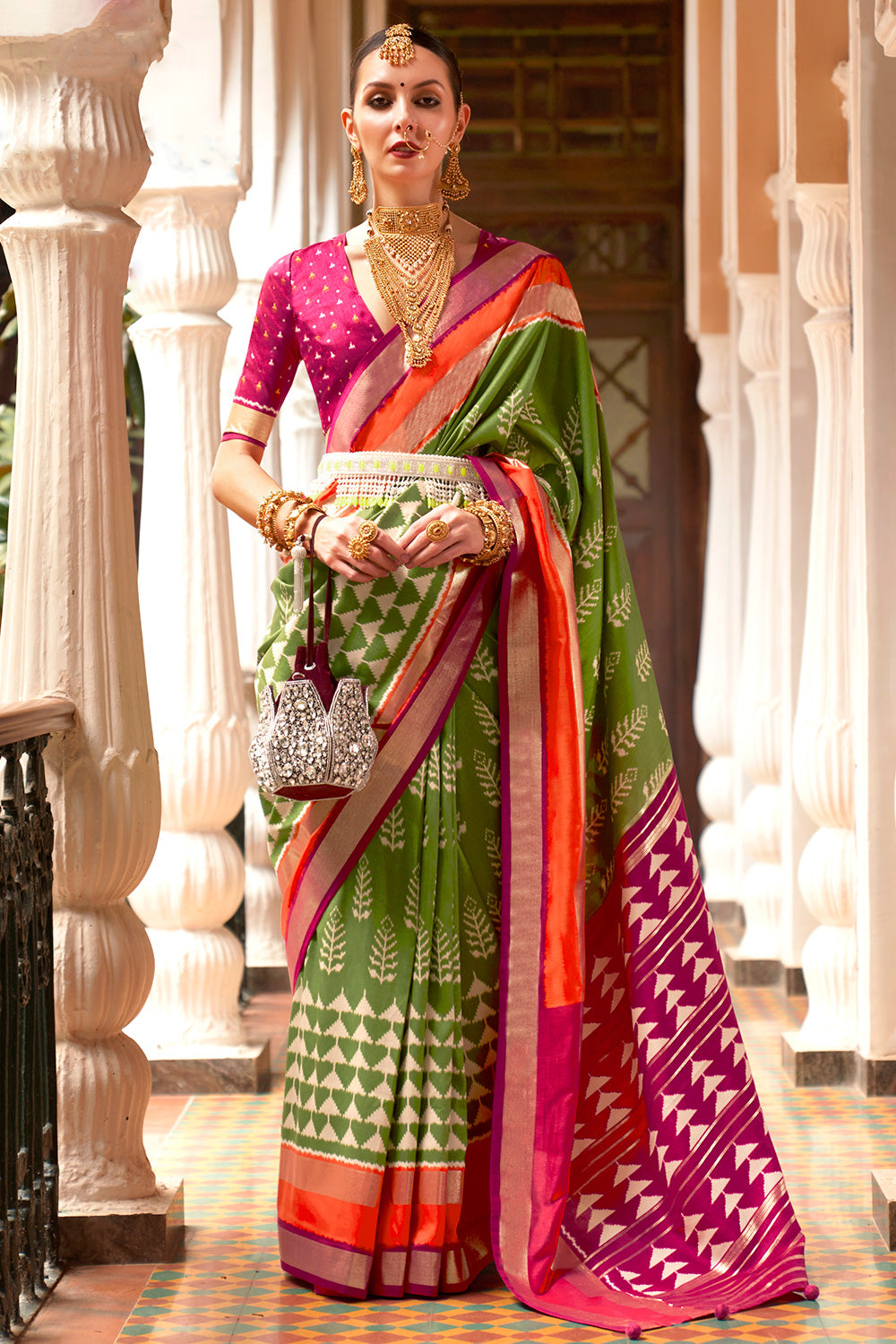 Green Smooth Patola With Weaving &amp; Printed Saree