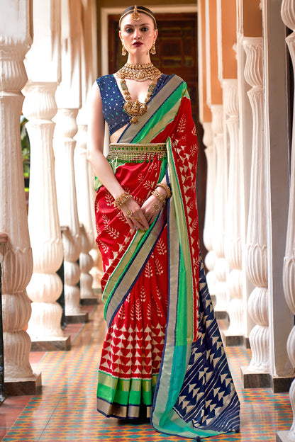 Red Smooth Patola With Weaving &amp; Printed Saree