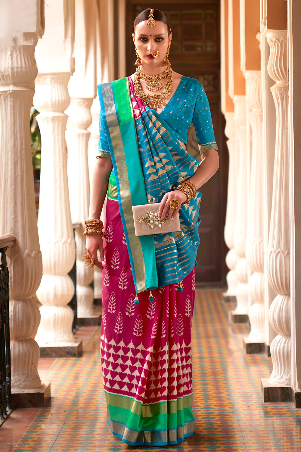 Dark Pink Smooth Patola With Weaving &amp; Printed Saree