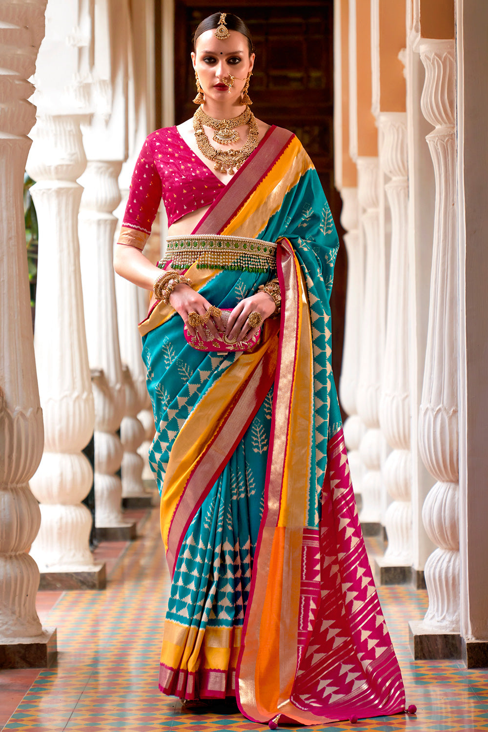Cerulean Blue Smooth Patola With Weaving &amp; Printed Saree