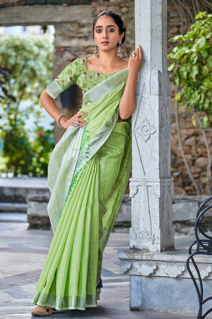 Green Soft Linen Saree With Printed Blouse